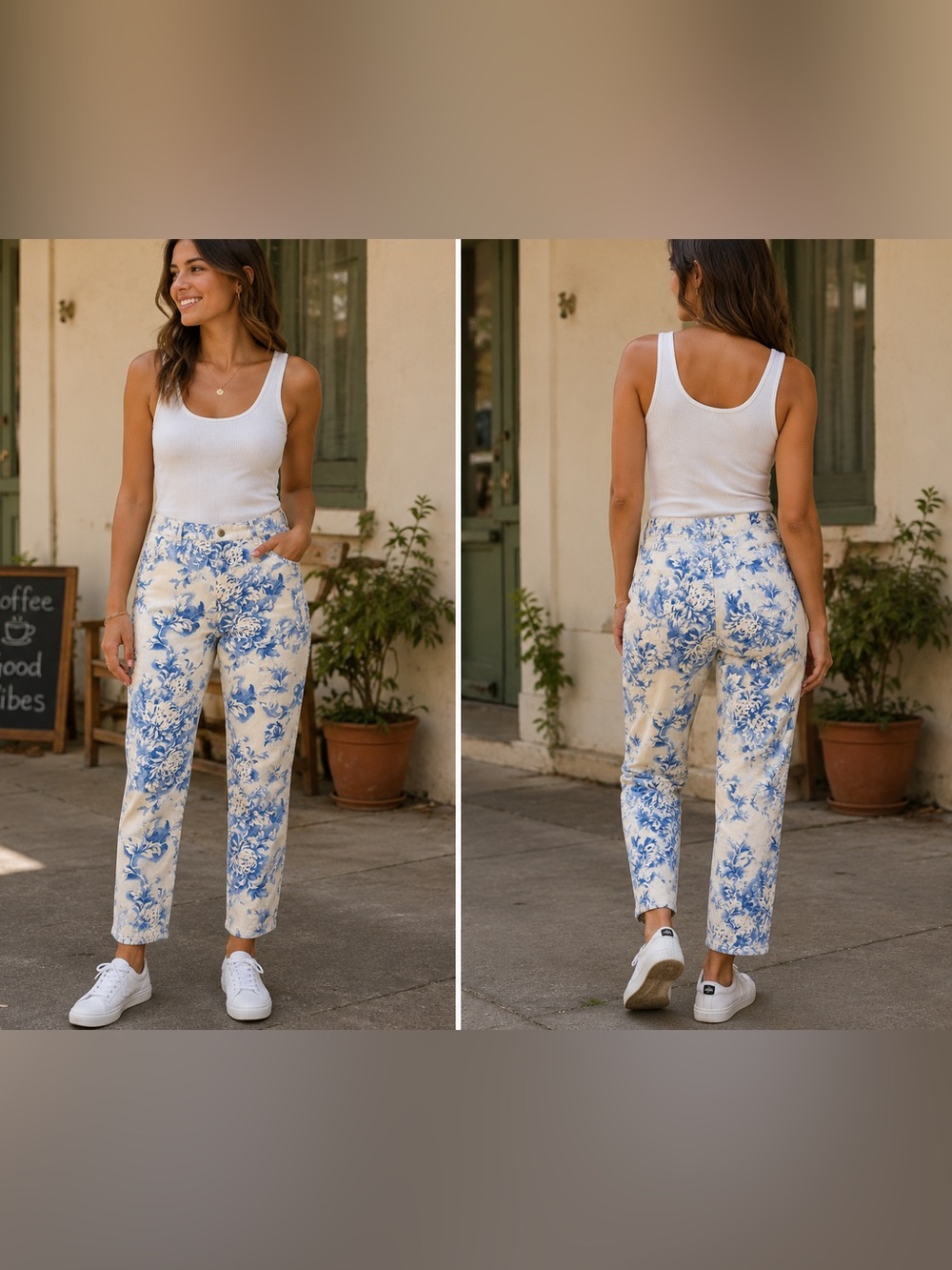 Chico's Girlfriend Slim Ankle Pants Blue Floral Print Stretch Size 3 - GUC